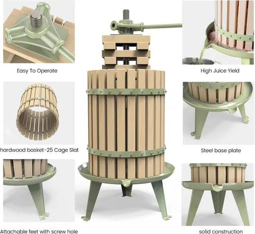 Miniatura 3 de Prensa de fruta y vino verde de 4.75 galones, prensa manual para sidra y jugo con canasta de madera de haya maciza y soporte resistente