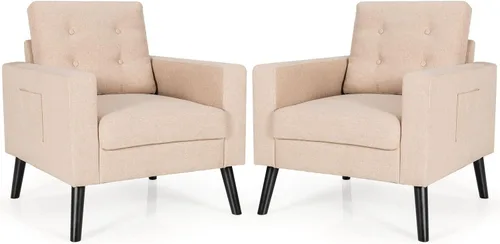 Miniatura 10 de Giantex Silla decorativa moderna, sillón tapizado de mediados de siglo con patas de madera de goma, tela de lino patentada, sofá individual