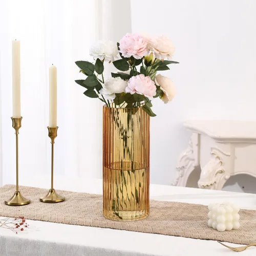 Miniatura 3 de Jarrón de vidrio ámbar para flores, jarrones de vidrio acanalados, jarrones altos de vidrio para tulipanes, jarrón de vidrio moderno para sala
