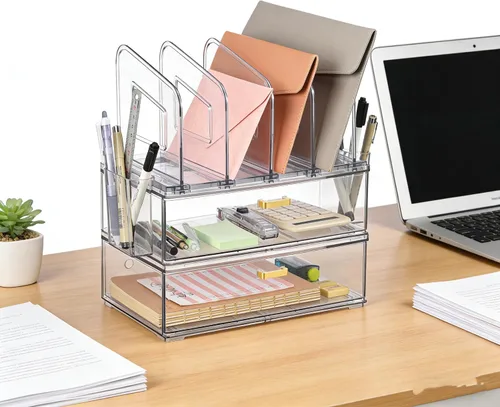 Miniatura 9 de LALOBLUE Organizador de Escritorio de Acrílico con Cajón, Suministros de Oficina, Almacenamiento de Organización, Organizador de 2 Cajones con 4