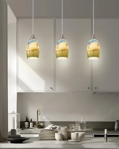 Miniatura 44 de karyfine Mini lámparas colgantes de vidrio artístico para isla de cocina, hechas a mano en color teja con vidrio dorado, iluminación colgante