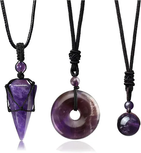 Jovivi Juego de 3 collares de piedra de cristal curativo para hombres y mujeres, amatista natural, obsidiana negra, ojo de tigre, piedras preciosas