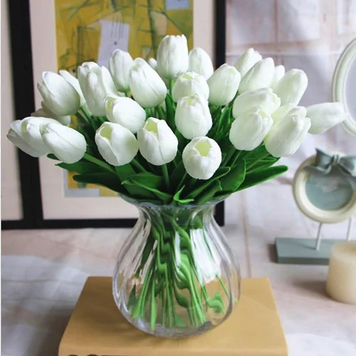 Tulipanes falsos de PU de tacto real, flores artificiales, 10 piezas, arreglo floral, ramo para decoración de hogar, oficina, boda (blanco)
