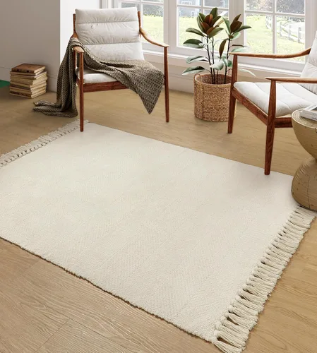 Miniatura 82 de Collive - Tapete de pasillo de cocina, 2 x 4.3 pies, tejido a mano, reversible, lavable, de algodón, color blanco/beige, para baño, pasillo