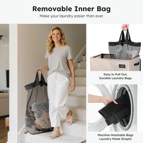 Miniatura 4 de SOLEDI Cesta doble para la ropa sucia con tapa, 47.8 galones (180 litros), cesta grande para lavandería, 2 secciones con 2 bolsillos laterales, Gris