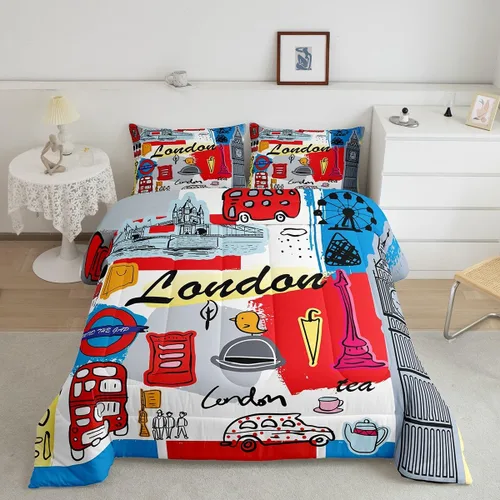 Feelyou Juego de edredón con temática londinense, juego de ropa de cama retro para niños, ropa de cama de cabina telefónica para niños, edredón de