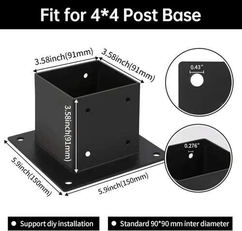 Miniatura 3 de Base de poste de 4×4, 2 piezas, soportes de poste de cubierta, tamaño interior de 3.5"x3.5", base de anclaje para poste de valla de acero grueso