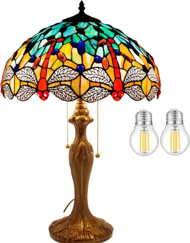 WERFACTORY Tiffany - Lámpara de mesa de noche de vidrio teñido, azul marino, amarillo, turquesa, libélula, 16 x 16 x 24 pulgadas, luz de escritorio,