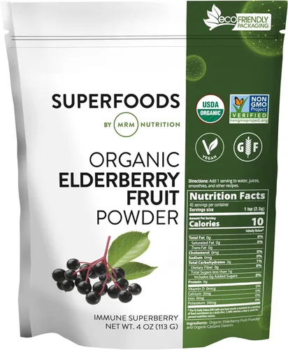 MRM Polvo de frutas de saúco orgánico – para mujeres y hombres – Superalimento orgánico de saúco puro USDA con antioxidantes, vitamina C y