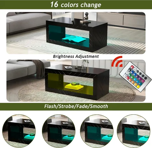 Miniatura 5 de LUMISOL Mesa de centro LED con almacenamiento abierto, moderna mesa de centro de alto brillo con 16 luces LED de colores, mesa central rectangular