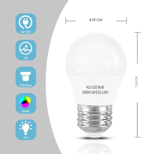 Miniatura 7 de Paquete de 2 bombillas LED para refrigerador, luz blanca diurna, 5000 K, 120 V, 40 W, equivalente a la bombilla para electrodomésticos, A15 5 W