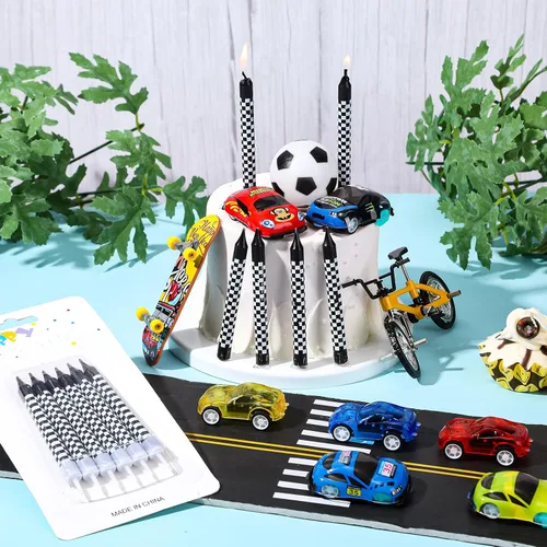Miniatura 5 de Cindeer 12 velas de cumpleaños temáticas de autos de carreras, bandera a cuadros en blanco y negro para decoración de fiestas de autos de carreras