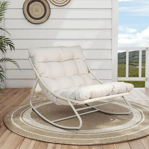 Miniatura 7 de Silla mecedora para exteriores Grand Patio, mecedora de salón de metal con cojín grueso, balancín moderno y cómodo para patio, porche, terraza, Beige
