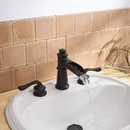 Miniatura 7 de BWE Grifo de baño generalizado de 3 agujeros, color negro mate con montaje de drenaje desplegable y manguera de suministro, cascada negra, de dos