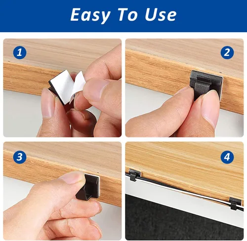 Miniatura 5 de 150 clips adhesivos para cables negros, organizador de cables para exteriores, organizador de cables para debajo del escritorio, automóvil, pared