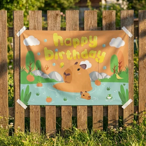 Miniatura 5 de Capybara - Telón de fondo de cumpleaños de 6 x 3.6 pies – Cartel grande de poliéster divertido para decoración de fiesta con ojales de metal y cinta