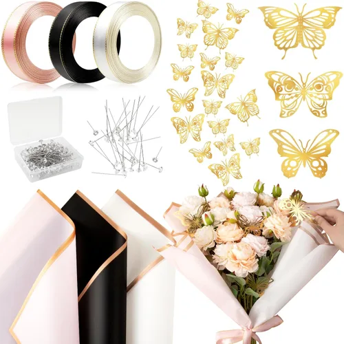 KFPPLXQ Juego de 60 hojas de papel de regalo de flores de rosa, papel de regalo floral impermeable de 22.8 pulgadas con 3 rollos de cinta y