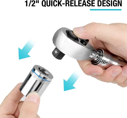 Miniatura 5 de DURATECH Trinquete de accionamiento extensible de 1/2 pulgadas, llave de trinquete reversible de 90 dientes con liberación rápida con mango