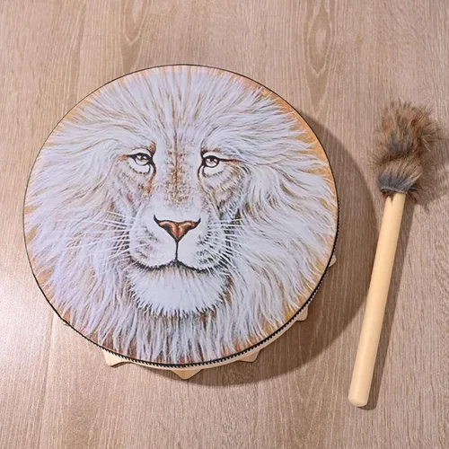 Miniatura 9 de Tambor de chamán león con diseño de tambor etéreo hecho a mano, tambor chamánico siberiano, batería de música para el hogar, adorno con palillo