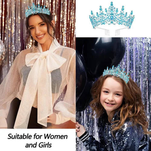 Miniatura 4 de VELSCRUN Tiara de cumpleaños de cristal azul para mujeres y niñas, banda "It's My Birthday", corona de princesa reina con peines, decoraciones