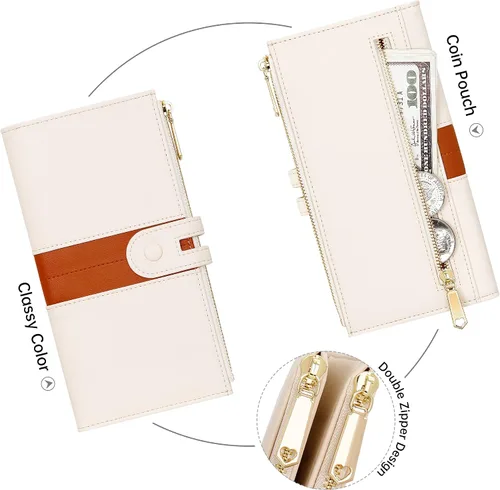 Miniatura 3 de GEEAD Slim mujeres carteras cuero plegable multi titular de la tarjeta de la cartera con cremallera bolsillo gran capacidad, Beige Marrón, Compacto