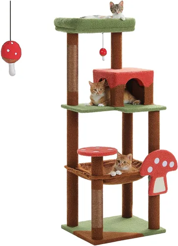 Miniatura 14 de PETEPELA Árbol de Madera para Gatos de Interior Torre de Múltiples Niveles con Postes Rascadores Cubiertos de Sisal, Condominio Acogedor, Hamaca