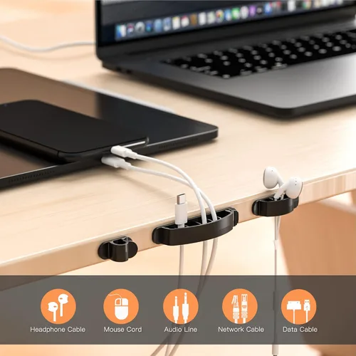 Miniatura 6 de Caja organizadora de cables, paquete de 2 con 16 clips para cables, grande, mediano y pequeño, de madera, organizador de cables para ocultar cables