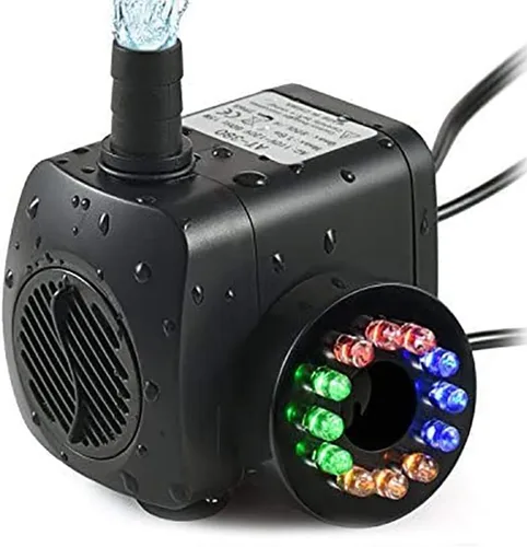 Bomba de agua sumergible de 220 GPH (800L/H, 15W), ultra silenciosa, 12 luces LED coloridas con 2 boquillas, cable de alimentación de 6 pies para