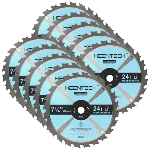 KEENTECH - Juego de 10 hojas de sierra circular de 18,4 cm, 24 dientes, para marcos, con punta de carburo de tungsteno, rectificado ATAF, vástago de