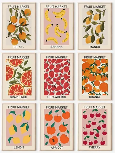 Juego de 9 impresiones de arte de pared de mercado de frutas, pósteres coloridos abstractos, impresiones de mercado de frutas limón naranja plátano