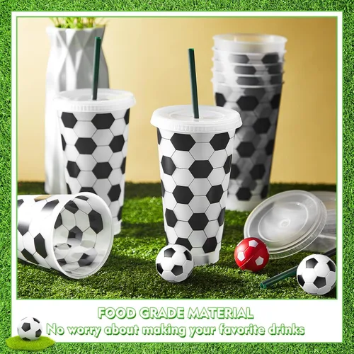 Miniatura 4 de Uiifan 6 Piezas Vasos de Fútbol de Plástico, Vasos Reutilizables a Granel con Tapa y Pajita, Regalos Deportivos para Entrenadores, Aficionados
