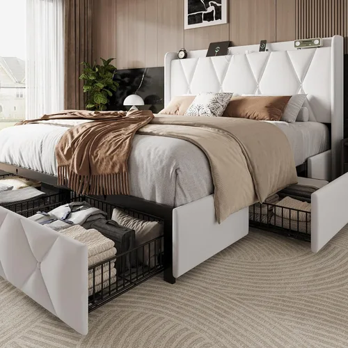 Miniatura 17 de Einhomn Marco de cama de tamaño completo con 4 cajones de almacenamiento y estación de carga, marco de cama plataforma tapizada con cabecera de Beige