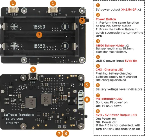 Miniatura 3 de Geekworm X1200 5V UPS HAT Placa de expansión para Raspberry Pi 5 Max 5.1V 5A Salida Encendido automático Apagado seguro Función de detección