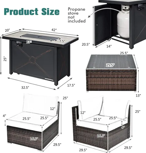 Miniatura 9 de Tangkula Juego de muebles de patio de 7 piezas con mesa para fogata, incluye mesa rectangular de propano de 42 pulgadas y 60,000 BTU y funda