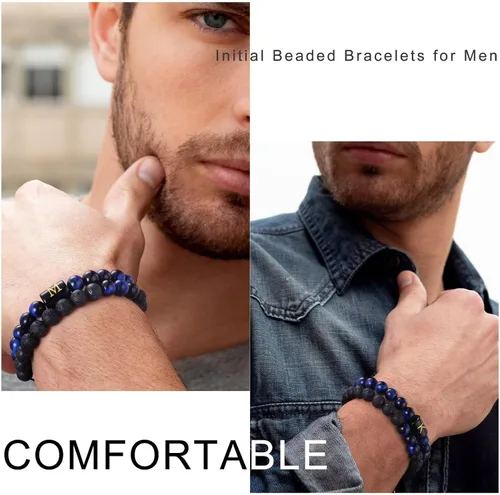 Miniatura 6 de Pulseras de cuentas con iniciales para hombres, regalos de 0.315 in, ojo de tigre, piedra de lava y roca para hombre, pulsera de cuentas de yoga