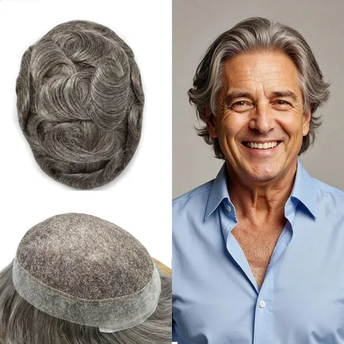 Miniatura 50 de Toupee para hombres Sistema de reemplazo de cabello humano real pieza de cabello humano para hombres encaje suizo para hombre Toupee Hair Pieces