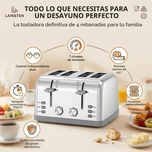 Miniatura 6 de Tostador retro de 4 rebanadas de acero inoxidable, el mejor tostador Prime de 4 rebanadas con ranura ancha y 7 configuraciones de tostado, perfecto