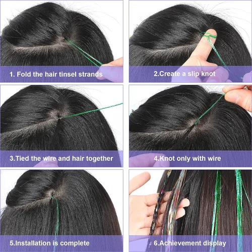 Miniatura 5 de Kit de oropel para el cabello, 18 colores de 48 pulgadas, extensiones de cabello de oropel de hadas resistentes al calor con herramientas, CC
