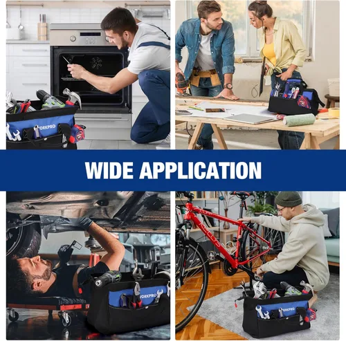 Miniatura 7 de WORKPRO Bolsa de herramientas de 13 pulgadas de boca ancha, bolsa de herramientas portátil con bolsillos interiores para almacenamiento de Azul