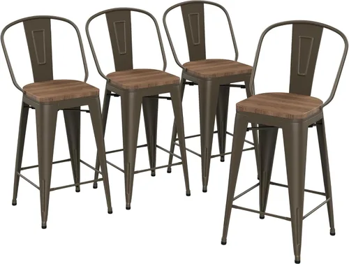 Miniatura 10 de Juego de 4 taburetes de bar de altura de mostrador para isla de cocina, estilo granja, sillas de bar de metal con respaldo alto, asiento de madera