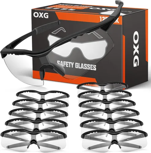 OXG Paquete de 12 lentes de seguridad, ANSI Z87.1, resistentes a los impactos, antiatascos, para hombres, mujeres y jóvenes Transparente
