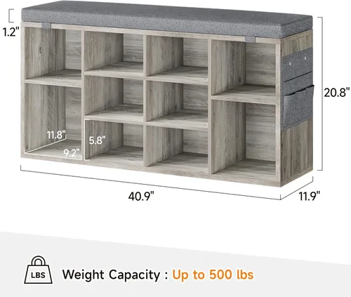 Miniatura 3 de GAOMON Banco de almacenamiento de zapatos de entrada con 10 cubículos, zapatero con cojín, estante ajustable de 3 niveles para entrada, sala