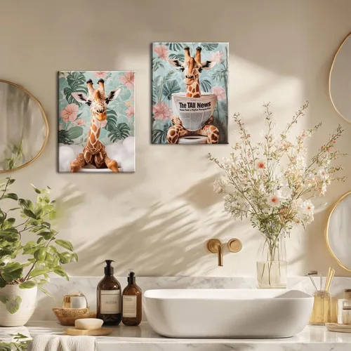 Miniatura 6 de Conjunto de 3 divertidos cuadros de animales para baño, lindas pinturas de jirafa leyendo el periódico, arte en lienzo de batas botánicas eclécticas