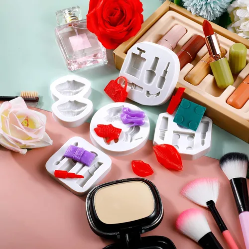 Miniatura 7 de 7 moldes de silicona para San Valentín, moldes de silicona con temática de maquillaje para pastel, chocolate, beso, lápiz labial, perfume, tacones