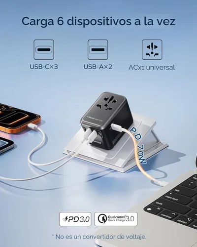 Miniatura 3 de MOMAX Adaptador de viaje universal 6 en 1, adaptador de corriente internacional GaN 70W, 3 USB-C PD de carga rápida y 2 USB-A QC, 1 AC, adaptador