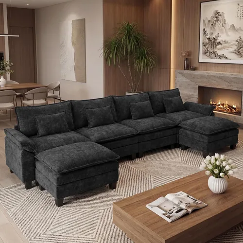 Miniatura 43 de URRED Cloud Couch Sofá Seccional Modular, Sofá Moderno en Forma de U de Asiento Profundo de 157", con 2 Otomanas y Almohadas, Sofás de Chenilla Azul