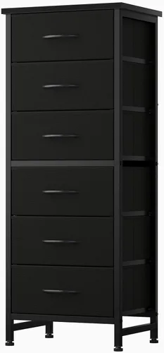 Sweetcrispy Cómoda alta de tela para dormitorio, cómoda delgada de 6 cajones, torre de almacenamiento estrecha con parte superior de madera y marco