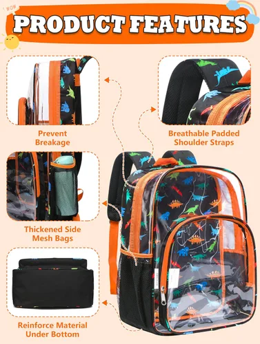 Miniatura 4 de BLUEFAIRY Mochila transparente para escuela, estadio, mochila transparente aprobada para niños, resistente PVC, bolsa grande transparente, Naranja