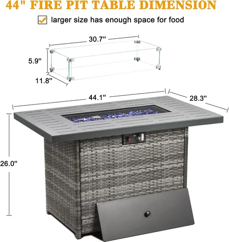 Miniatura 6 de LayinSun Mesa para fogata de gas propano de 44 pulgadas, 55000 BTU rectangular con protector de viento de vidrio para patio exterior, terraza