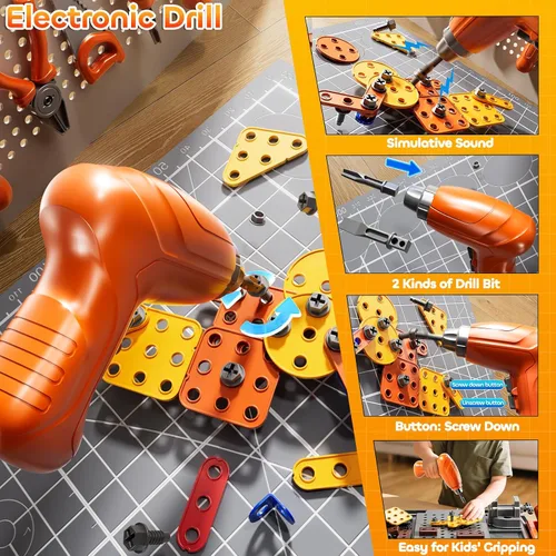 Miniatura 7 de Juego de Juguetes de Herramientas para Niños con Sonido de Taladro Electrónico para Edades 3, 4, 5, 6, 7, 8, Juguetes de Mesa de Trabajo para Niños